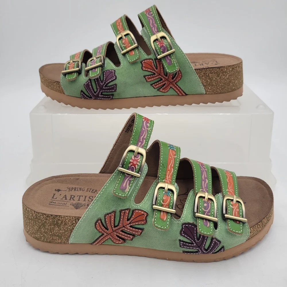 L'artise Spring Step Too Cool Green Sandals Size 39/8.5 Hook and Loop Leather - Picture 4 of 9